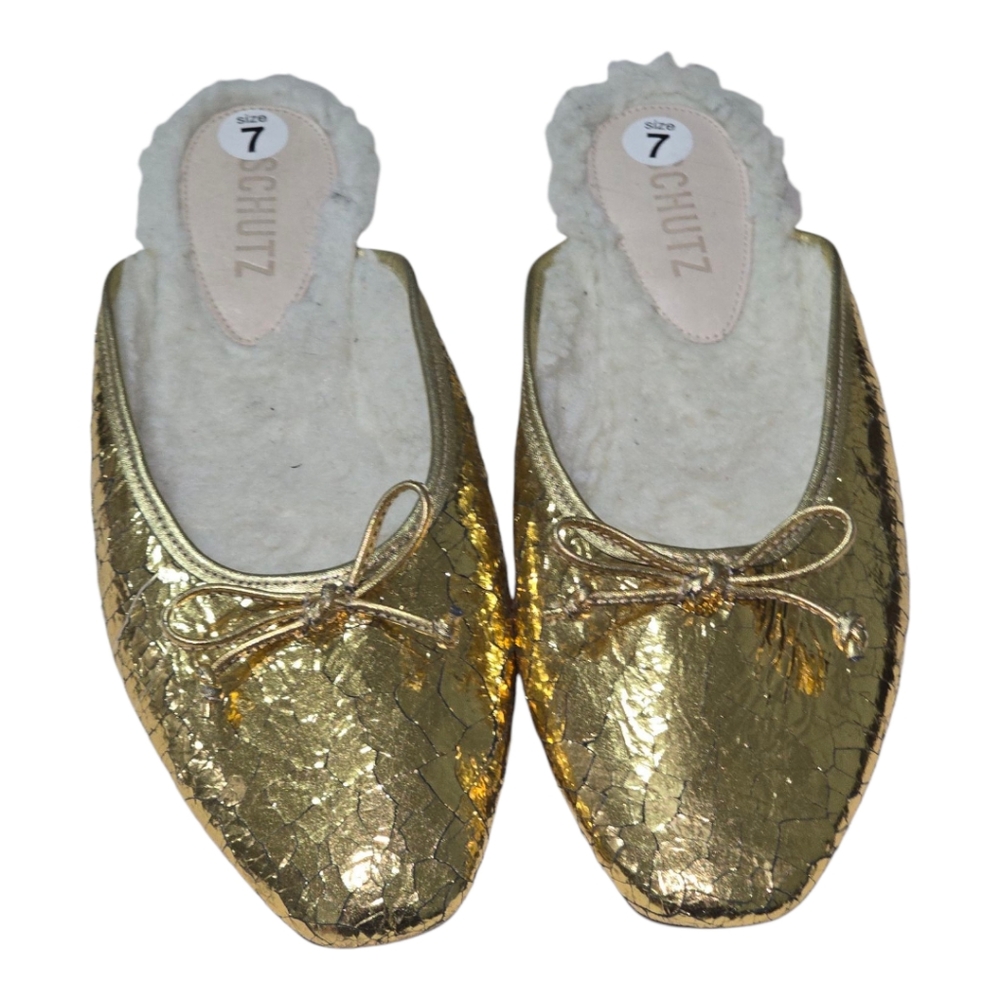 Schutz Evelin Flat Metallic Crackle Gold Leather Women's Size 7 Medium